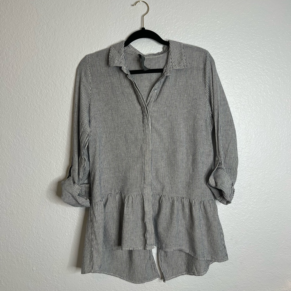 Saturday In Brooklyn Anthropologie Striped Navy Peplum Button Up